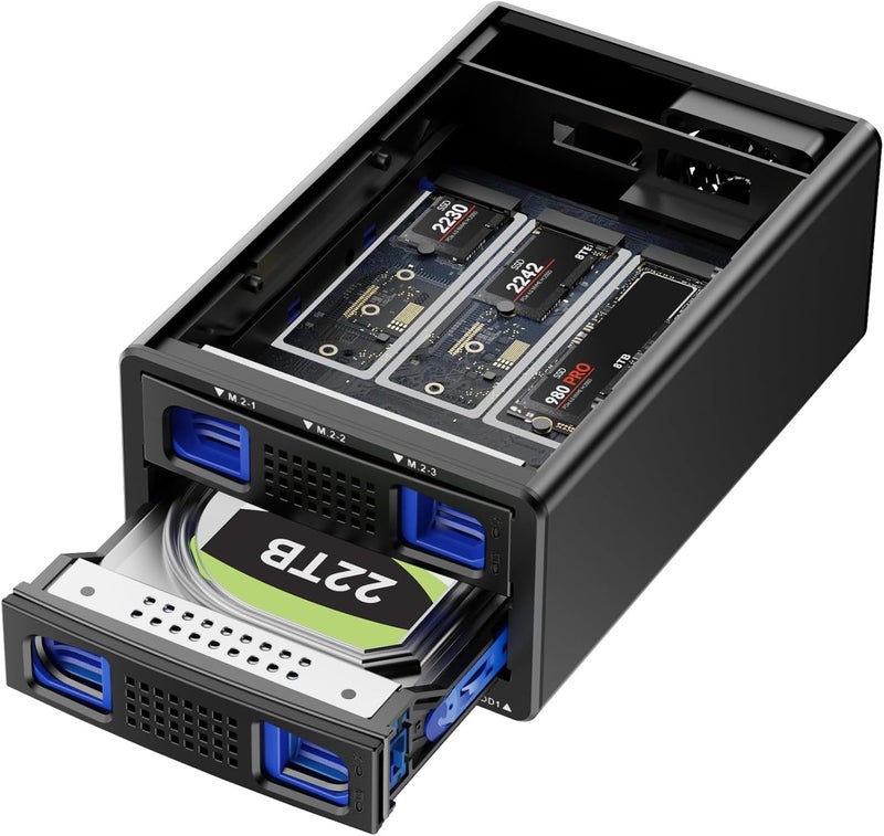 cenmate Hybrid 2.5/3.5" SATA HDD/SSD+3* M / B+M Key M.2 NVMe Enclosure with Cooling Fan and USB A/C 3.2 Gen 2 (10Gbps), Hard Drive Enclosure Support 46TB(22TB HDD+3*8TB 2230/2242/2260/2280/22110 SSDs) - Image 1